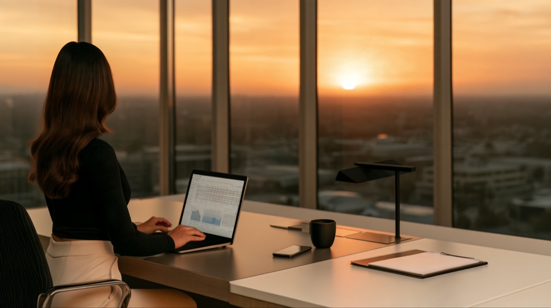 Woman working on a laptop with financial charts at a desk by a window, the sun low over the city